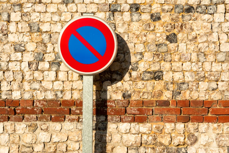 A round no parking traffic sign with a red border, blue interior, and a red diagonal line across it is mounted on a grey metal pole set against a textured brick wall composed of irregular cream, beige, and light brown stones separated by mortar, with a horizontal band of reddish-brown bricks running across the lower part of the wall. The sign casts a shadow onto the wall, indicating sunlight from the right side of the image. The scene appears to be outdoors, potentially in a residential or commercial area, highlighting parking restrictions that could impact home relocation or furniture transport processes managed by Removal Companies Hounslow. The detailed brickwork and the sign's visibility suggest considerations for parking regulations during house removals, ensuring compliance with local parking and skip rules as outlined under the Hounslow Council policies.
